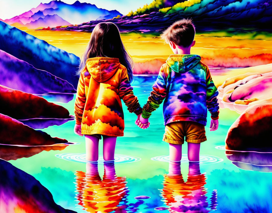 Colorful Hoodied Children in Psychedelic Landscape
