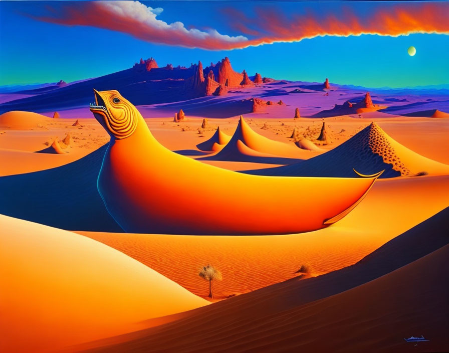 Surreal desert landscape: giant fish-shaped sand dunes under vibrant sunset sky