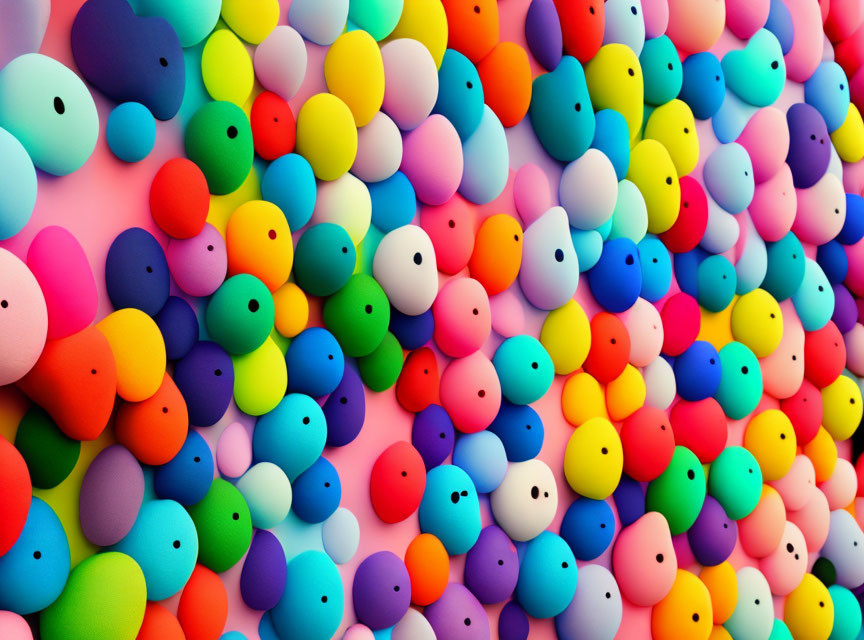 Vibrant 3D rendered balloon-like shapes with cute faces in colorful wall
