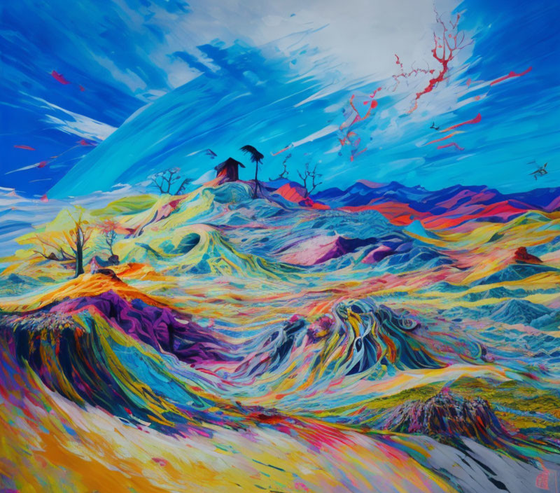 Colorful expressionistic landscape painting with swirling hills, trees, house, and blue skies