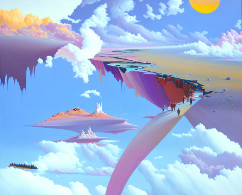 Surreal landscape: floating pathways, reflective surfaces, sky islands, warm sunset