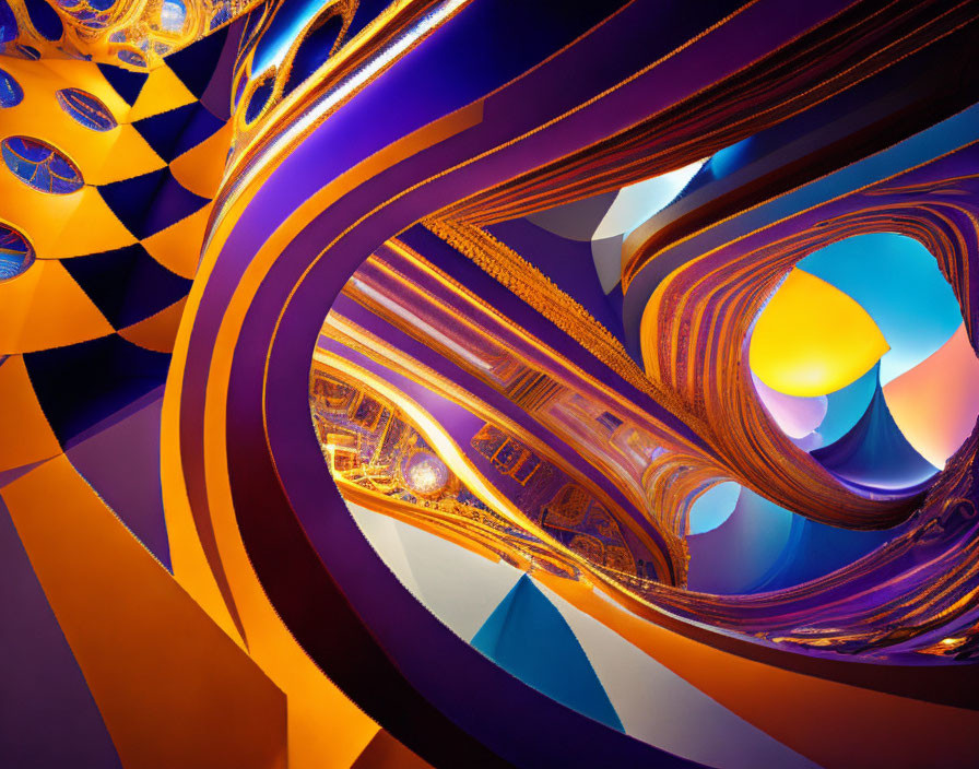 Warm-colored swirls and orbs in intricate patterns: Abstract digital art with surreal interior space.