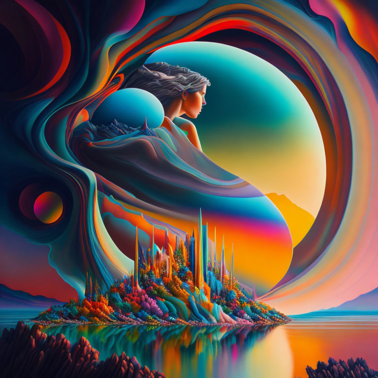 Vibrant surreal artwork: woman's silhouette in flowing shapes over colorful crystal landscape