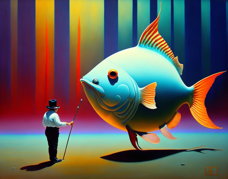 Surrealist painting: Person with hat and cane, whimsical fish, vibrant background