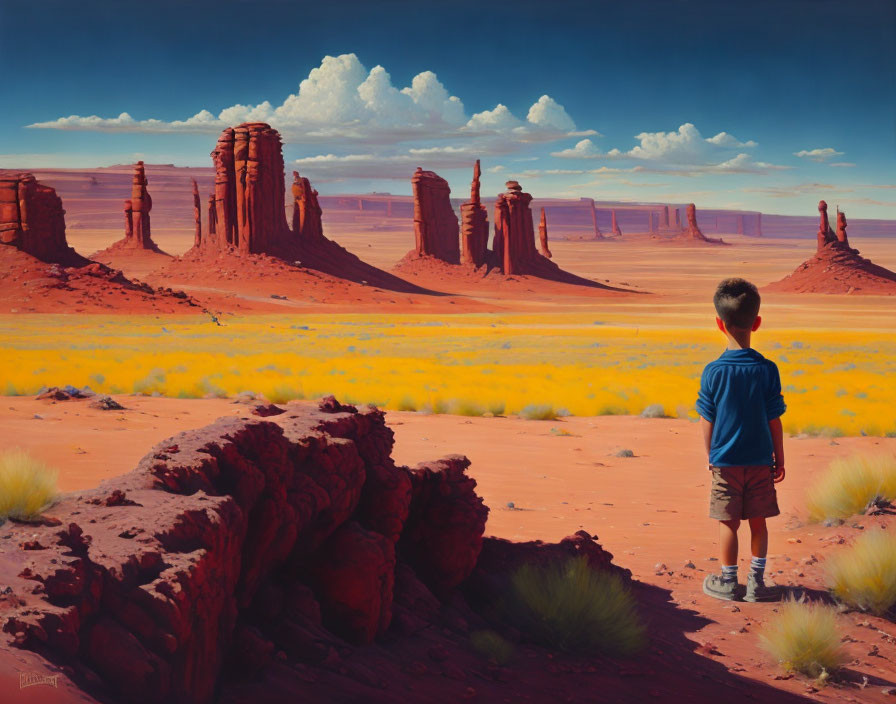 Child in desert with red rock formations and yellow flowers