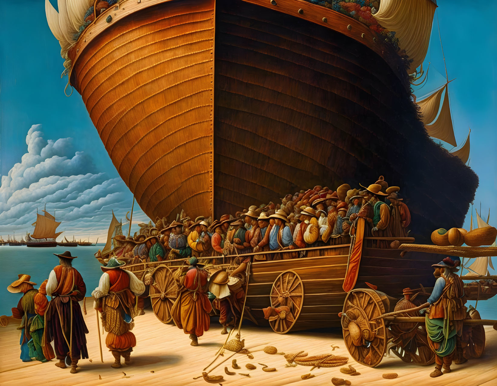 Detailed painting of bustling dock scene with wooden ship being loaded.