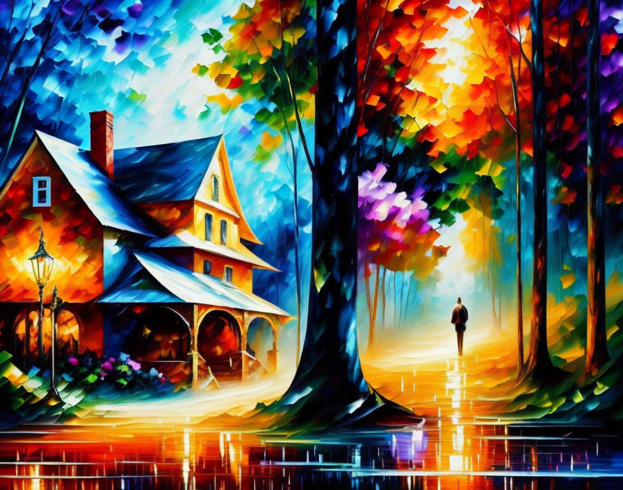 Colorful painting: Cozy house, autumn trees, reflective surface, lone figure