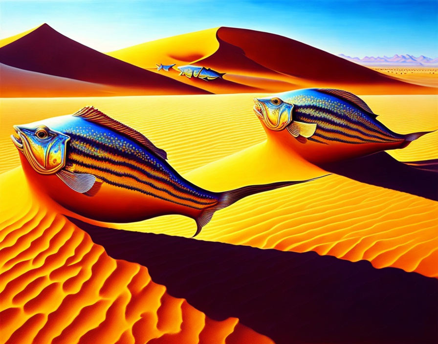 Vibrant surreal artwork: colorful fish in desert with golden dunes & blue sky