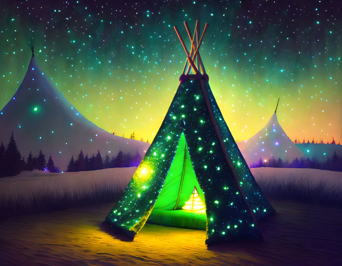 Teepee under starry sky with aurora borealis in snowy landscape