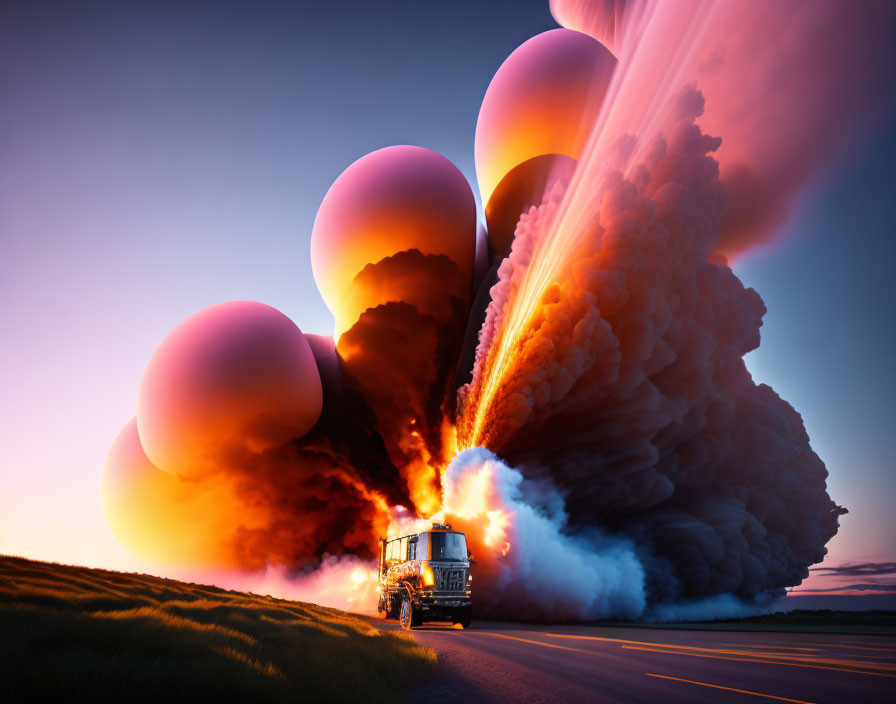 Truck with oversized orange and purple bubbles on road at twilight