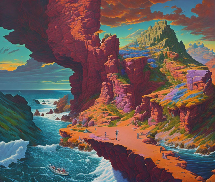 Colorful surreal landscape with red cliffs, beachgoers, boat, and mountain under sunset.