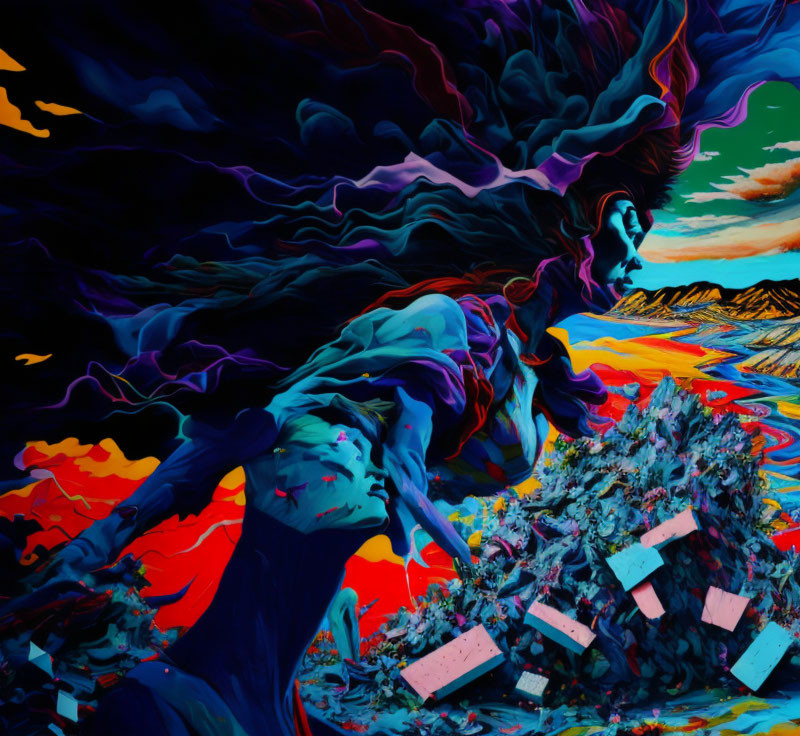 Colorful Abstract Image: Figure with Flowing Hair in Surreal Landscape