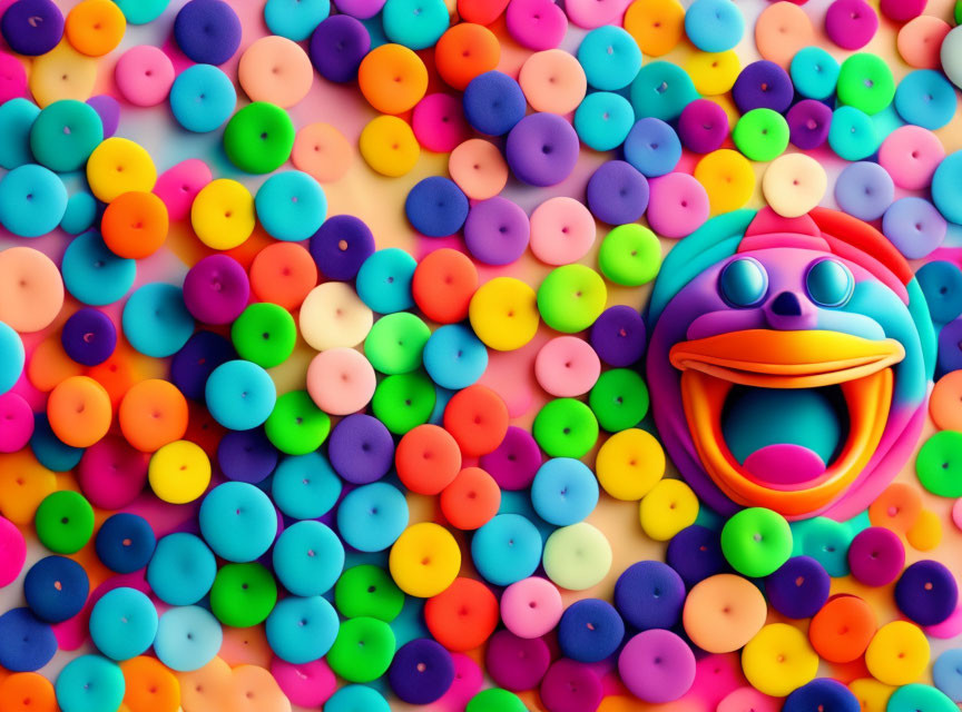 Vibrant Clay Face Among Colorful Buttons