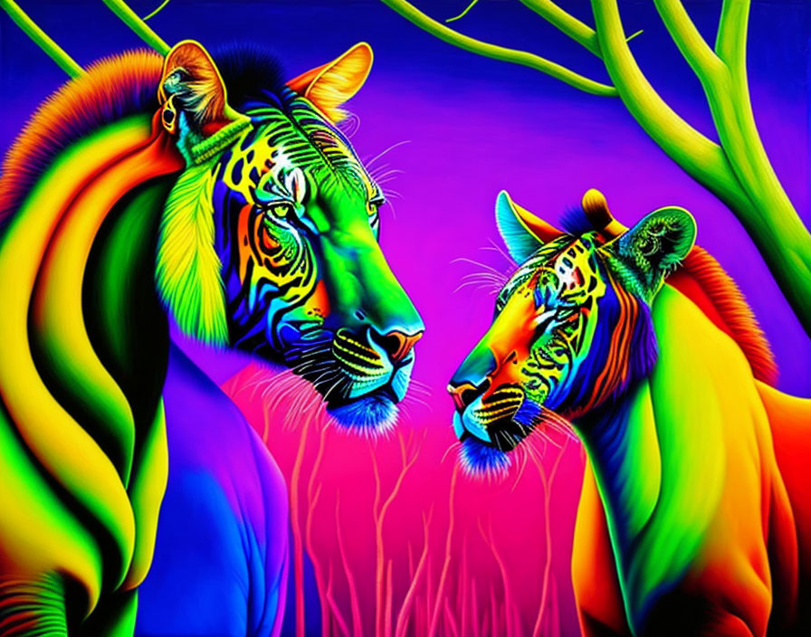 Colorful painting: Two tigers with fluorescent stripes in neon jungle.