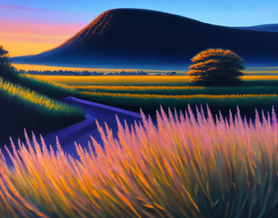 Vibrant sunset landscape with lone tree, lush fields, and mountain