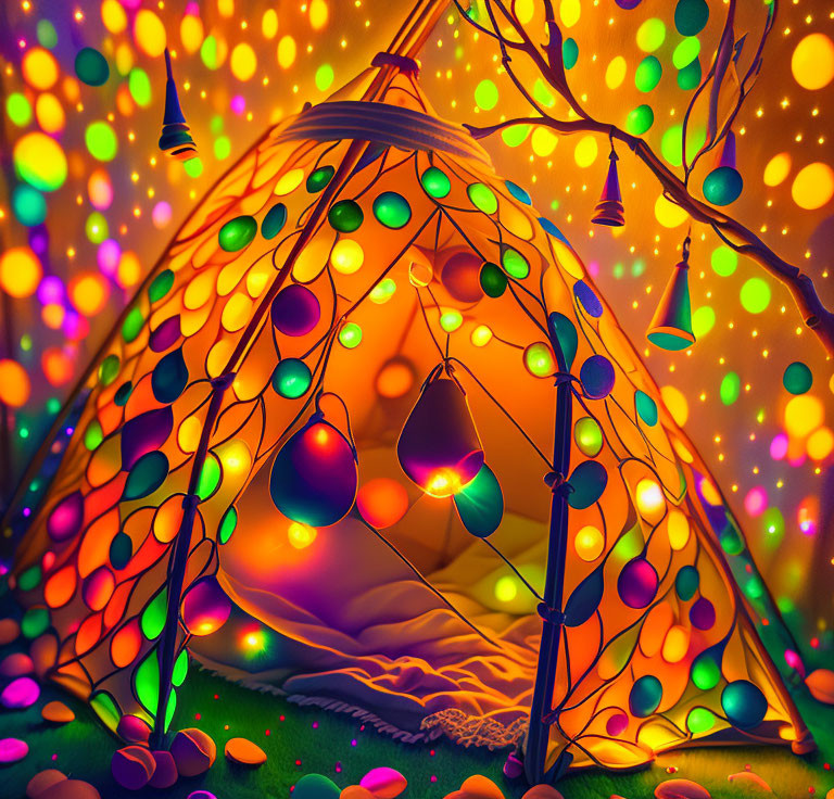 Vibrant indoor teepee with colorful lights and cozy blankets