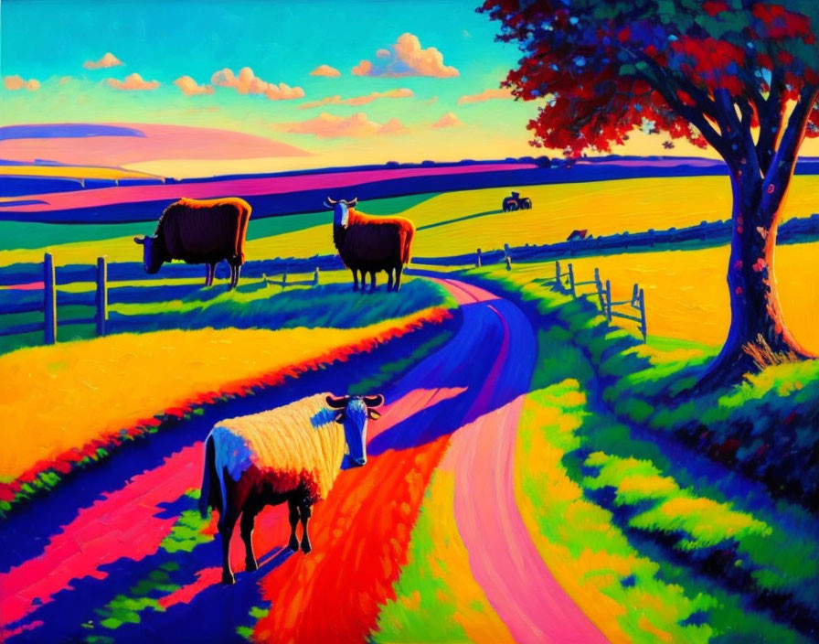 Colorful painting of cows on winding road with red tree under blue and purple sky