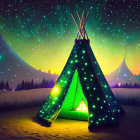 Teepee under starry sky with aurora borealis in snowy landscape