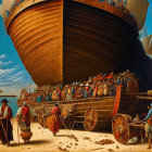 Detailed painting of bustling dock scene with wooden ship being loaded.