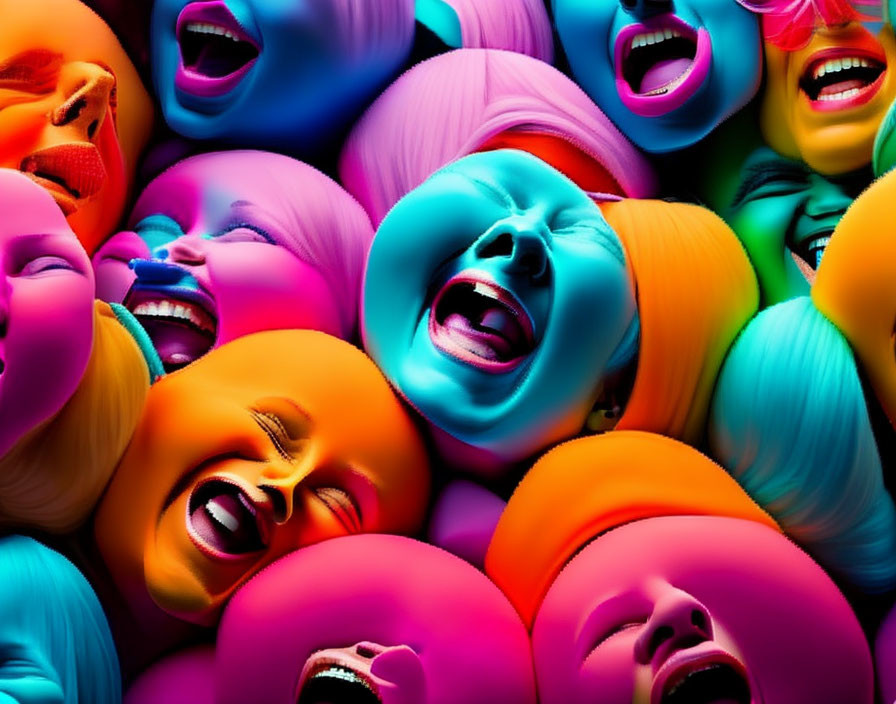Multicolored Overlapping Faces Expressing Laughter and Joy