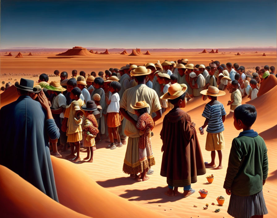 Crowd of People in Desert Wearing Hats and Varied Clothing