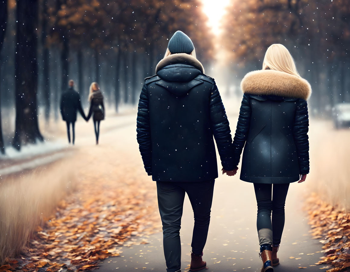 Couple Walking Hand in Hand on Leaf-Covered Path