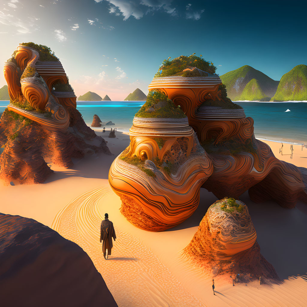 Person admiring layered rock formations on sandy shore with clear blue sky and mountains.