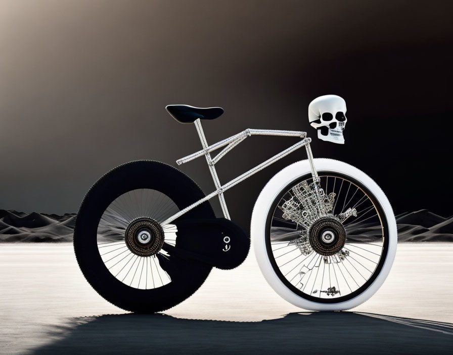 Skeleton-themed bike with skull handlebars on dark, abstract background