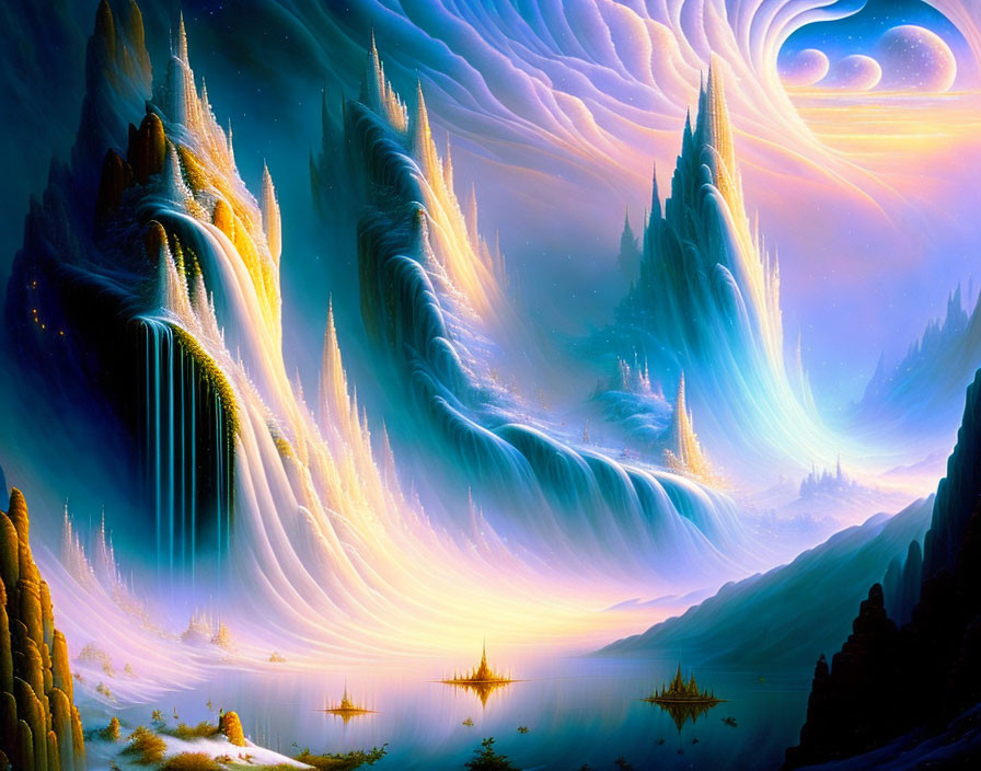 Fantasy landscape with towering spires and starry sky