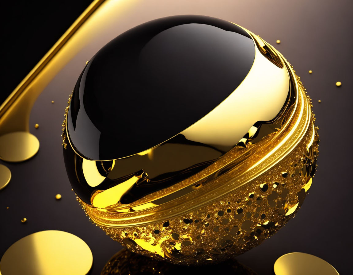 Sleek Black and Gold 3D Spherical Object with Filigree on Dark Background