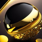 Sleek Black and Gold 3D Spherical Object with Filigree on Dark Background