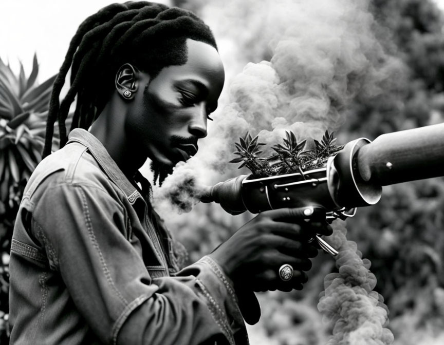 Monochrome image of person with dreadlocks smoking near cannabis plant and gun.