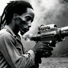 Monochrome image of person with dreadlocks smoking near cannabis plant and gun.