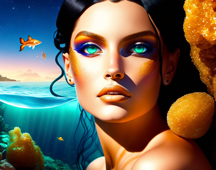 Vibrant makeup woman's face digital art with ocean backdrop.