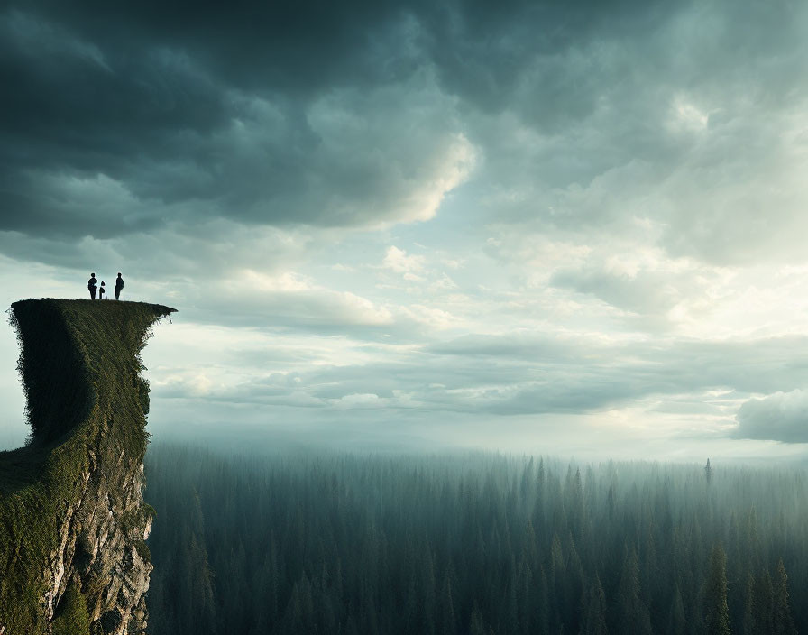 Two people on cliff above forest under dramatic sky