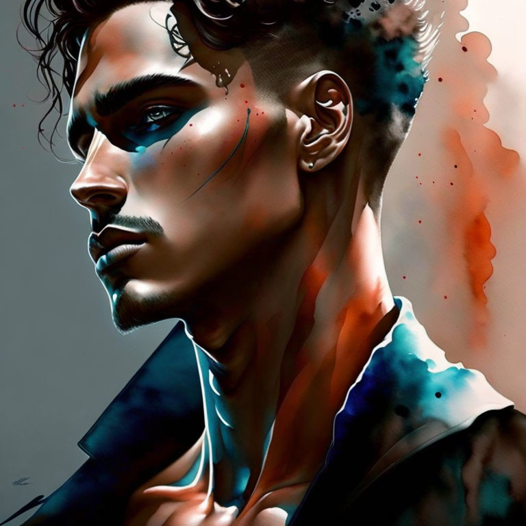 Abstract digital portrait of a man with jawline, blue and orange splashes, dark backdrop