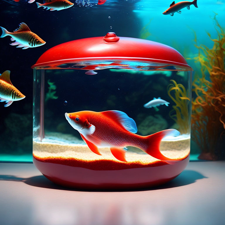 Colorful goldfish in clear bowl among tropical fish and coral