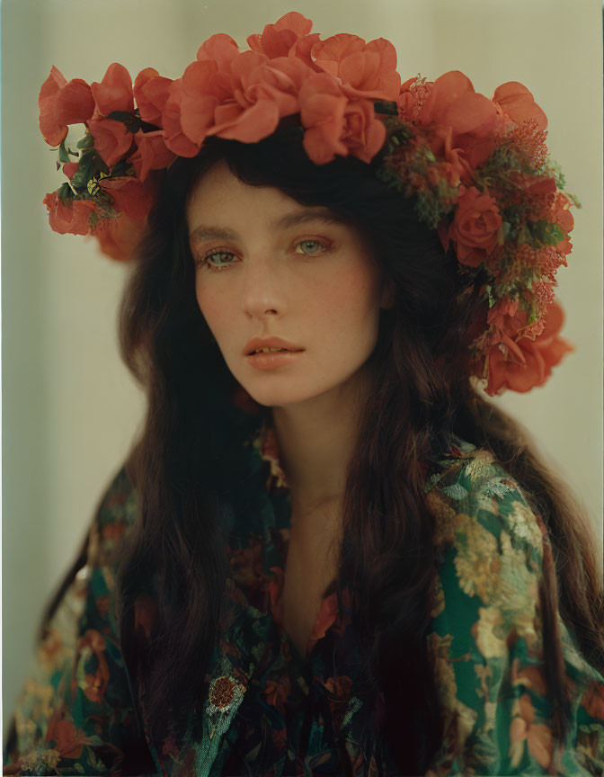 Woman with long wavy hair in floral dress and red flower crown gazing serenely.