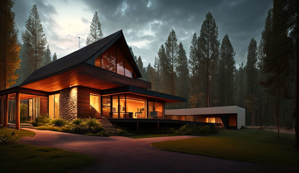 Spacious modern forest house with large windows and wooden details at dusk