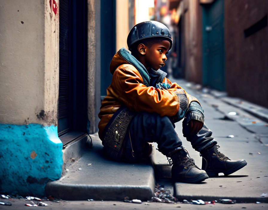 Young Child in Helmet and Brown Jacket Sitting in Dimly Lit Alleyway