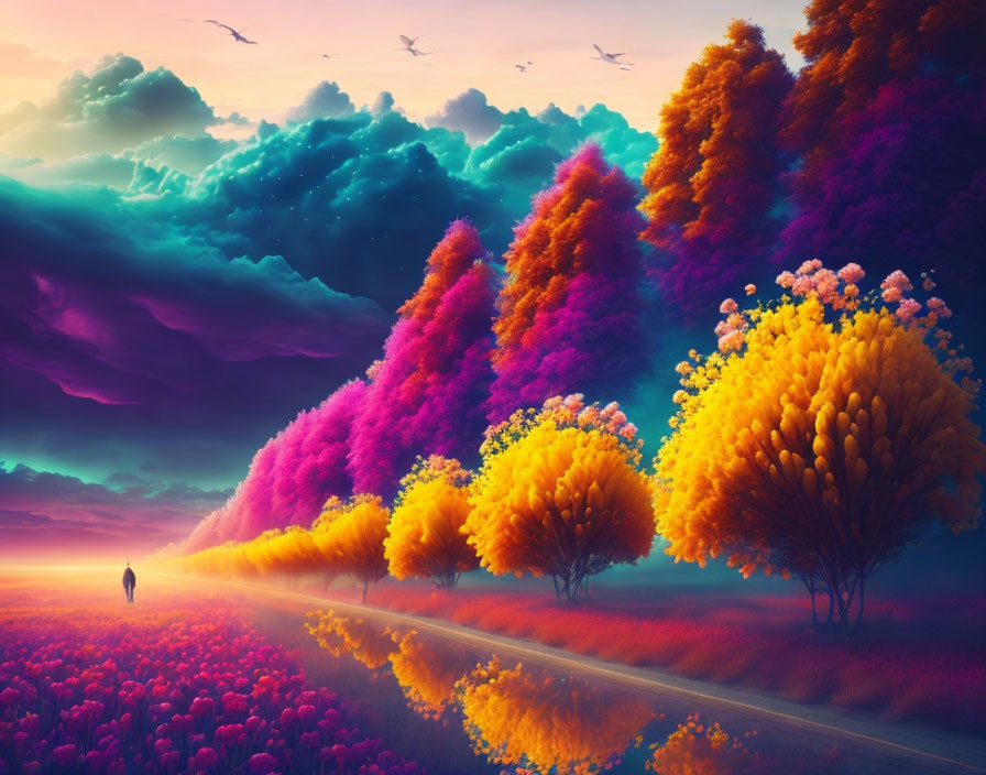 Vibrant multicolored forest with purple sky and birds.