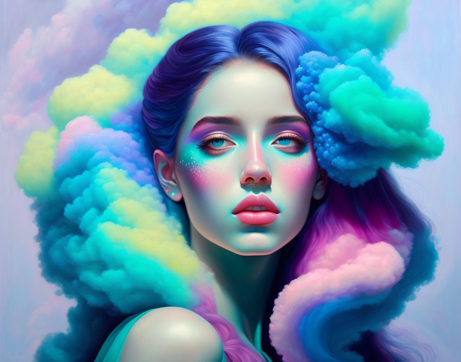 Vivid blue and purple hair blending into dreamy pastel background