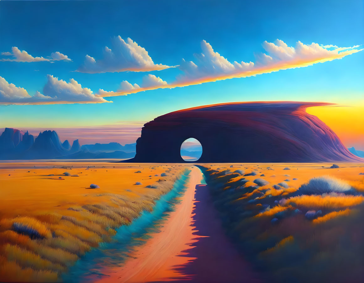 Surreal landscape with large rock formation and dynamic sunset sky