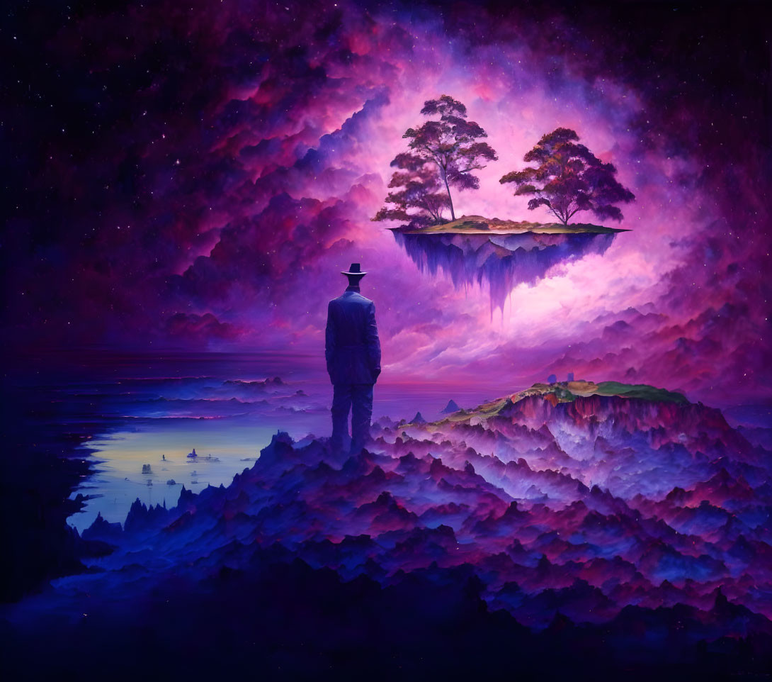 Person gazes at floating island with lone tree in surreal dreamscape