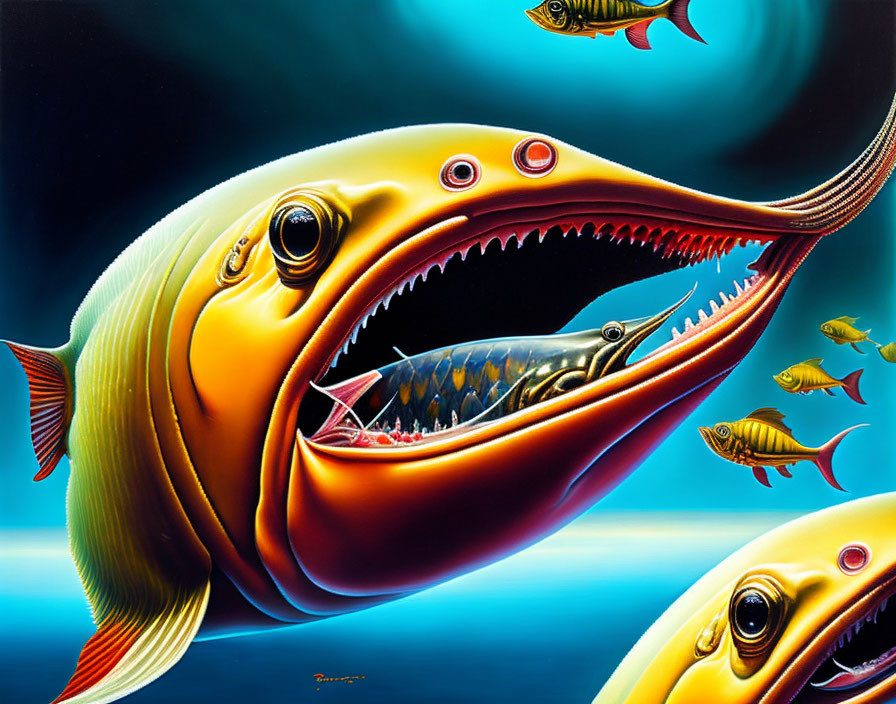 Large surreal fish painting with multiple teeth and smaller fish in mouth, against blue background