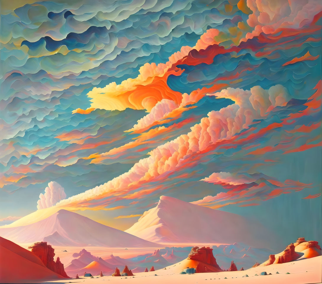 Vibrant surreal landscape: blue and orange clouds over desert