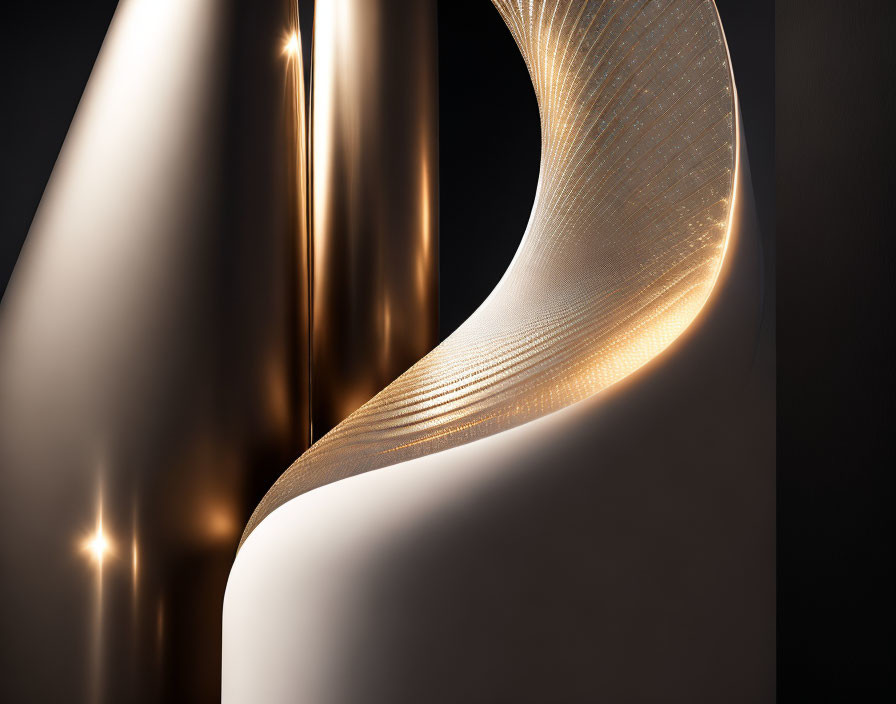 Fluid metallic shapes with textured curve on dark backdrop