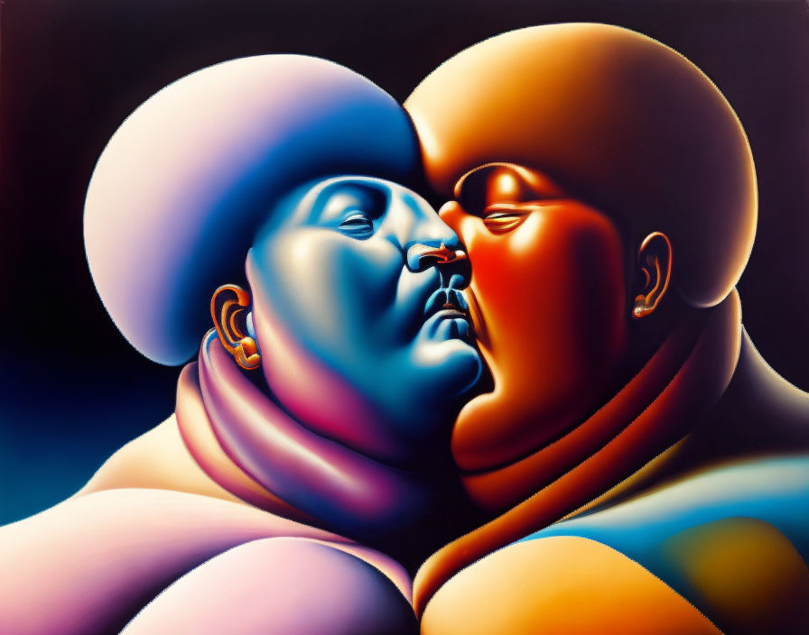 Abstract surreal painting of stylized faces in close proximity with colorful contours on dark background.