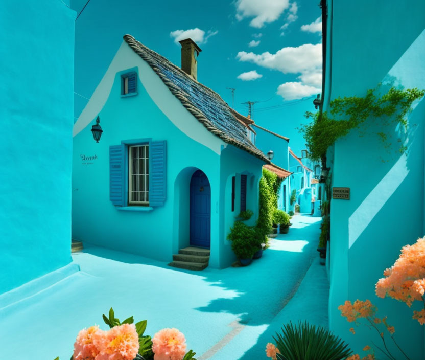 Charming blue-painted alley with matching shutters and flowering plants