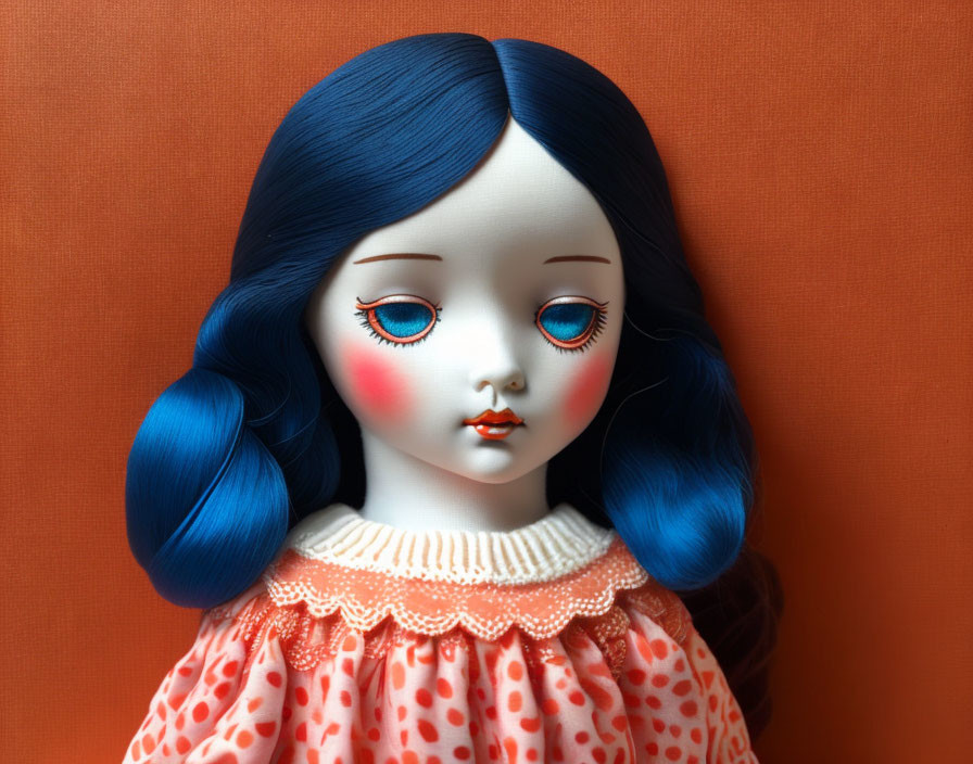 Porcelain doll with blue hair and large eyes on orange background in peach dress